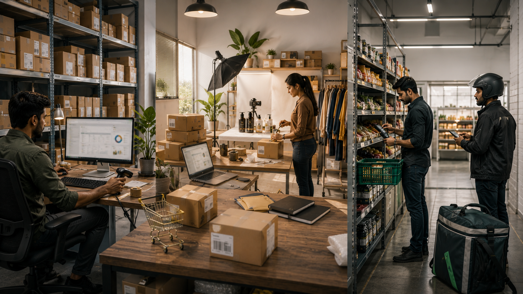 Comparison of Amazon, Flipkart, and quick commerce business models in a realistic retail environment.