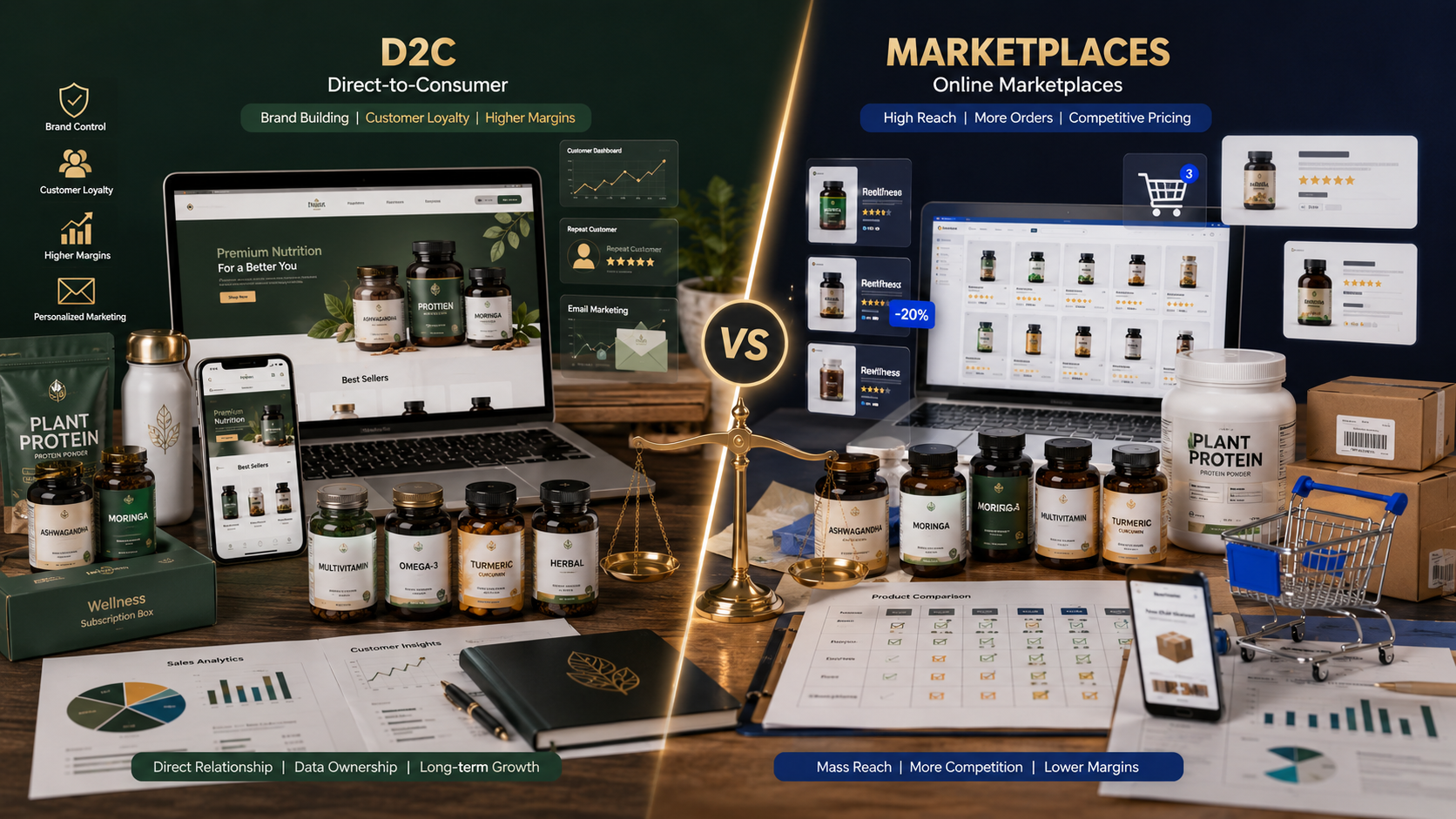 Comparison of D2C websites and online marketplaces for selling health supplements.