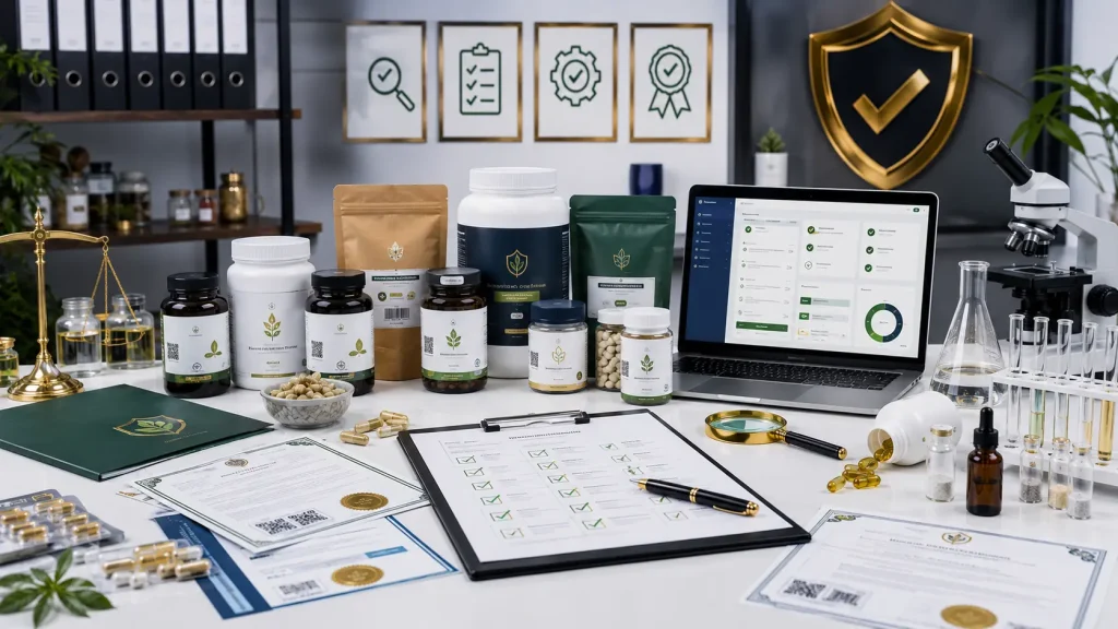 Health supplements with compliance documents, laboratory testing, and food safety certification materials.