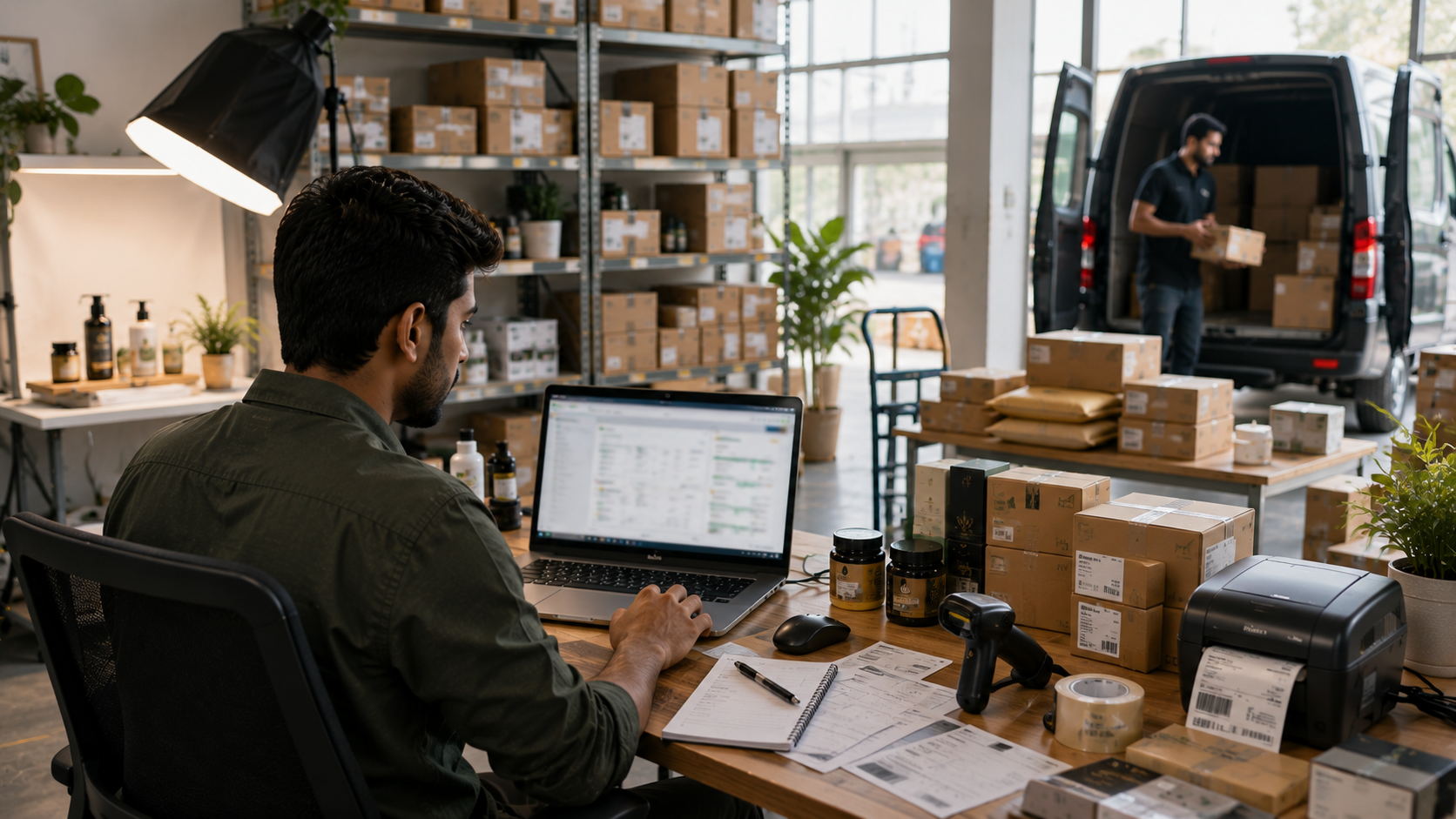 Indian entrepreneur preparing products and shipments to start selling on an ecommerce marketplace.