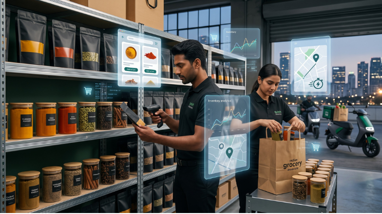 Premium Indian spices ready for sale through quick commerce grocery delivery platforms.