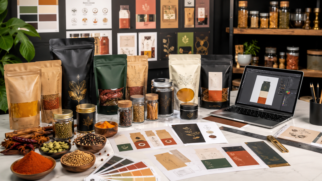 Modern premium spice packaging designs featuring pouches, jars, labels, and branding materials.