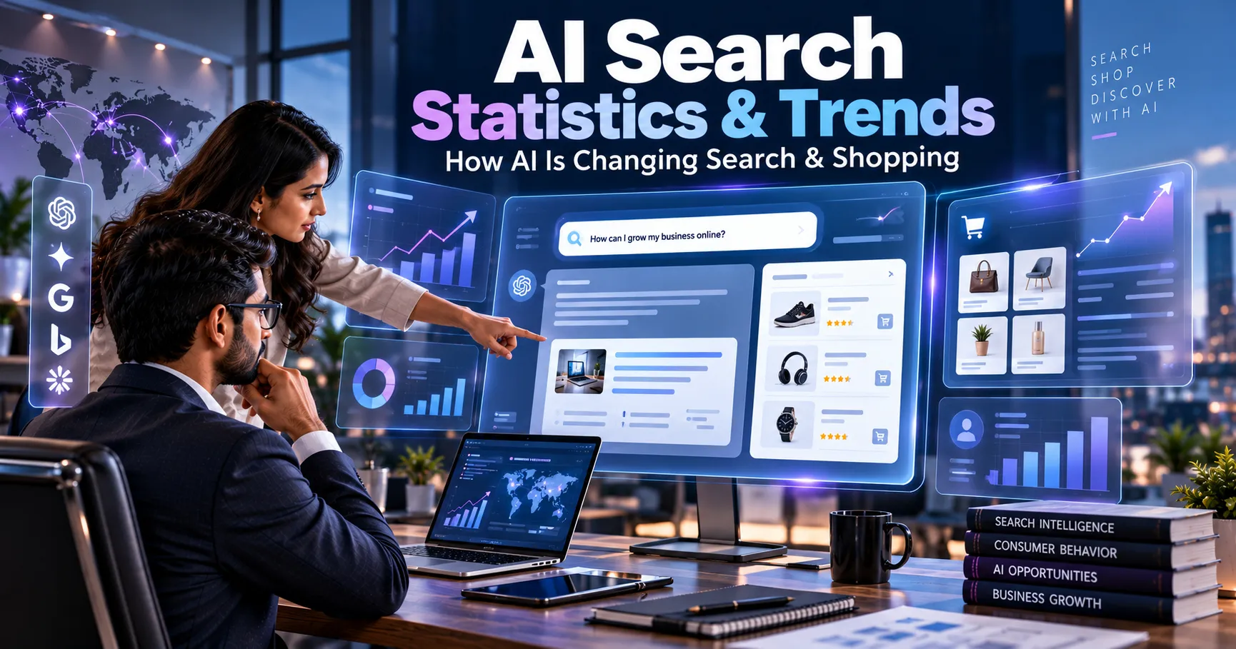 AI Search Statistics and Trends showing AI-powered search, consumer shopping behavior, ChatGPT usage, and digital marketing insights.