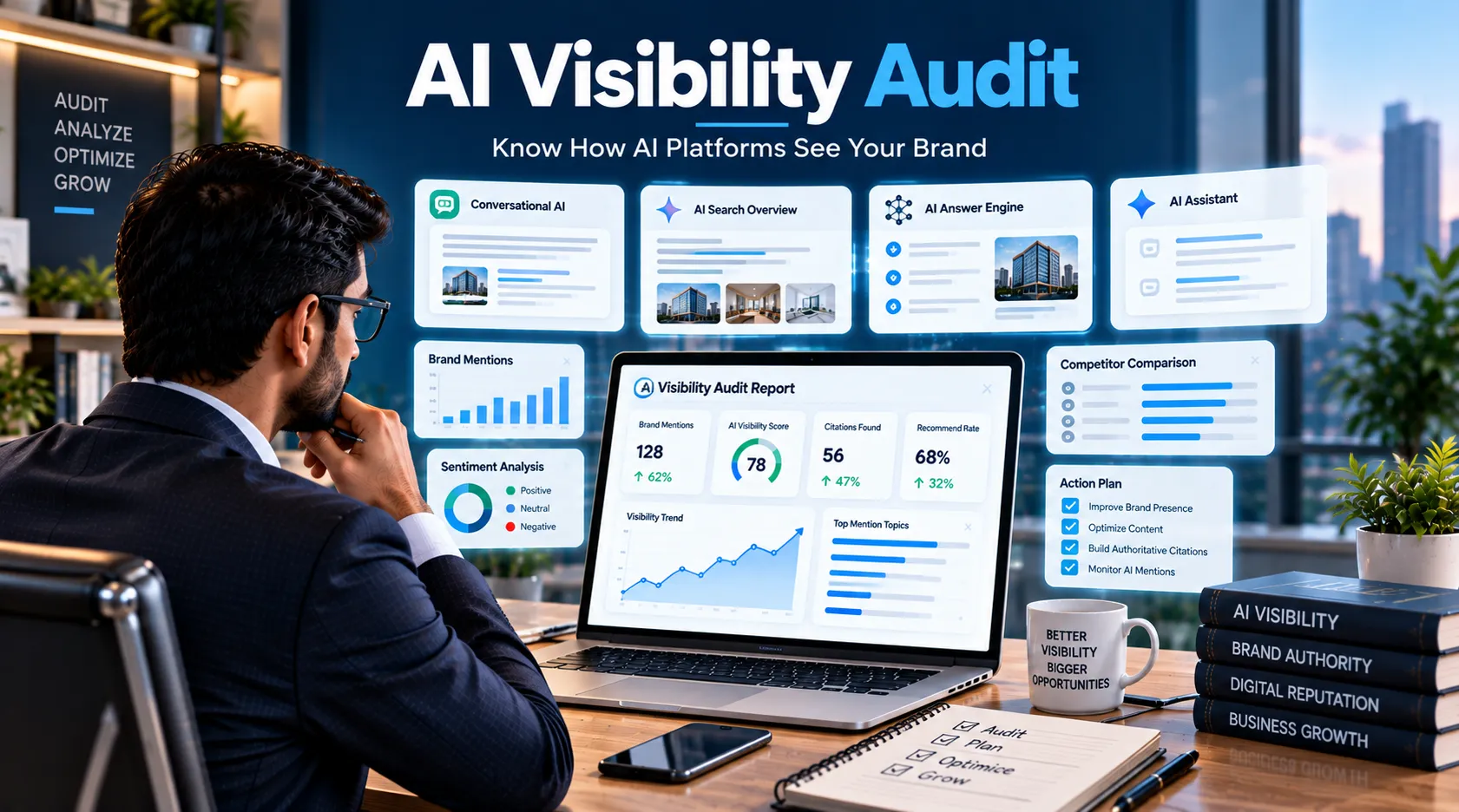 AI Visibility Audit showing how businesses can improve visibility in ChatGPT, Google AI Overviews, Perplexity, and other AI search platforms.