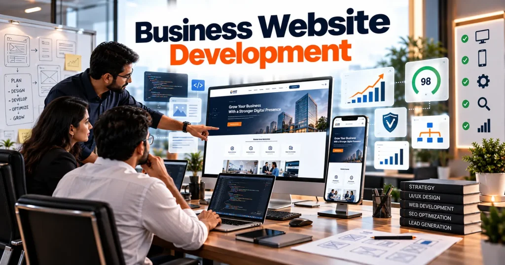 Business Website Development showcasing modern website design, development process, SEO optimization, and conversion-focused business website strategy