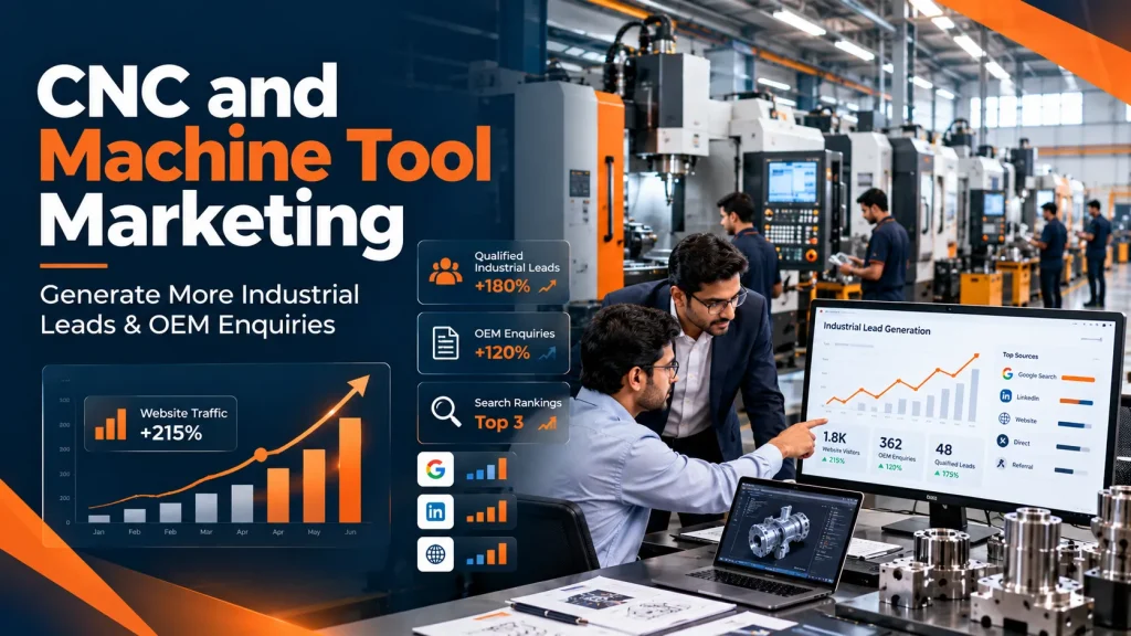 CNC and machine tool marketing strategy showing industrial lead generation, OEM buyer targeting, SEO growth, and manufacturing business expansion.