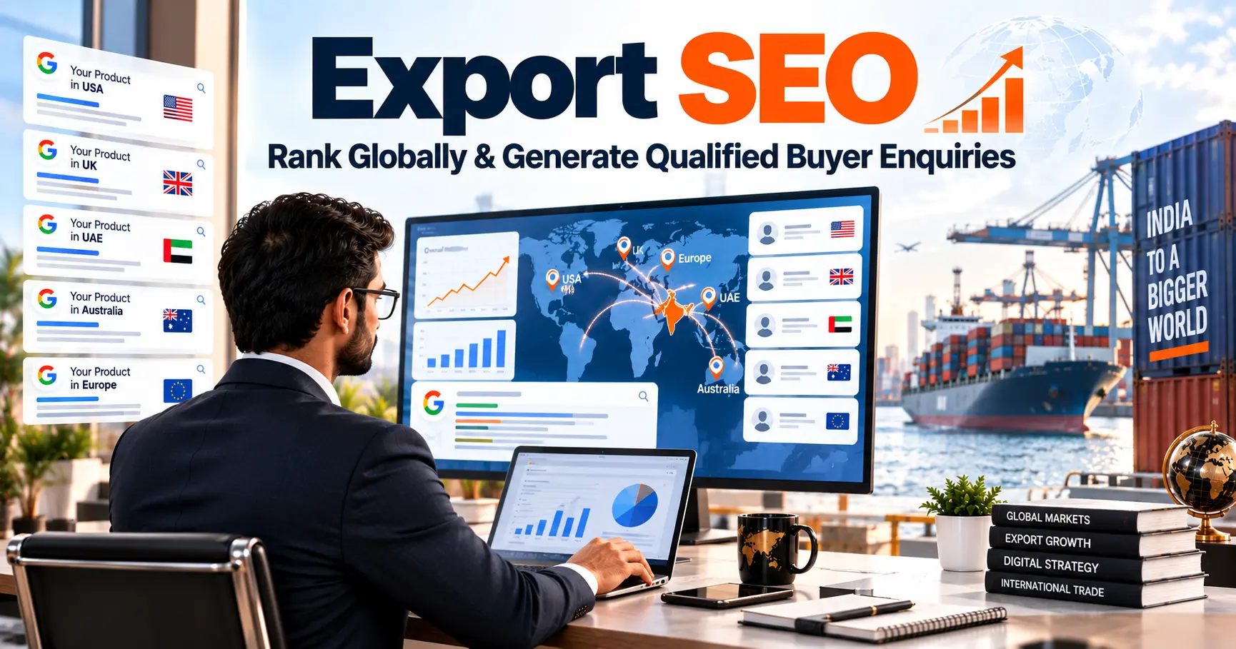 Export SEO dashboard showing international keyword rankings, global search visibility, export website optimization, and buyer enquiries from multiple countries.