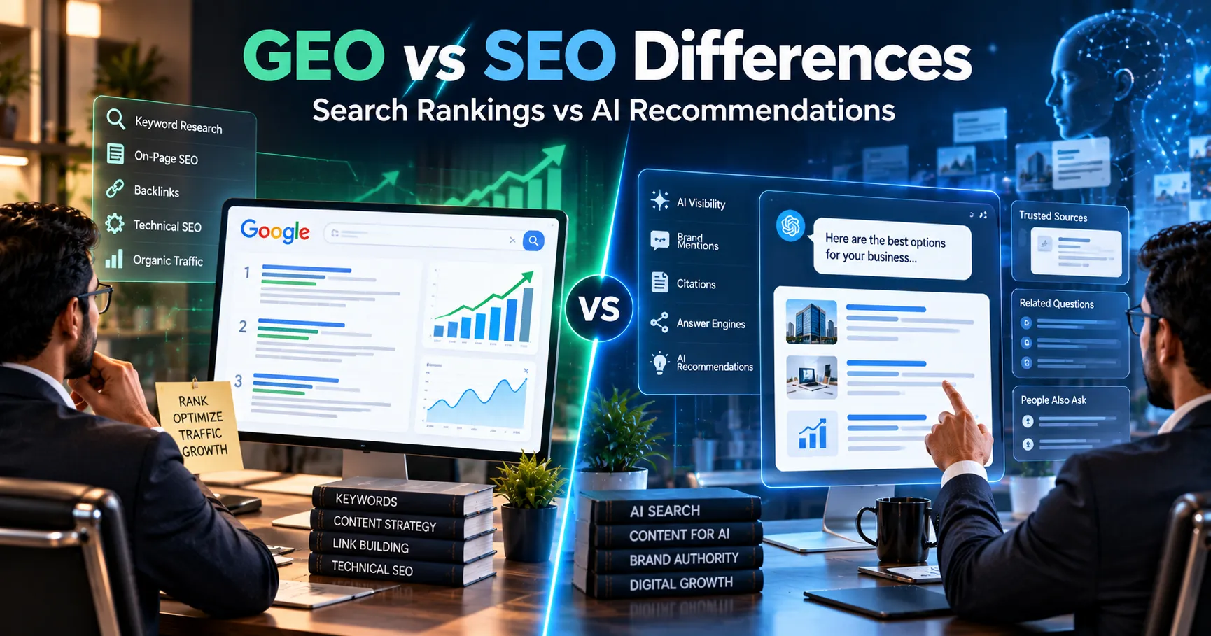 GEO vs SEO Differences showing search rankings, AI recommendations, generative engine optimization, and traditional SEO strategies.