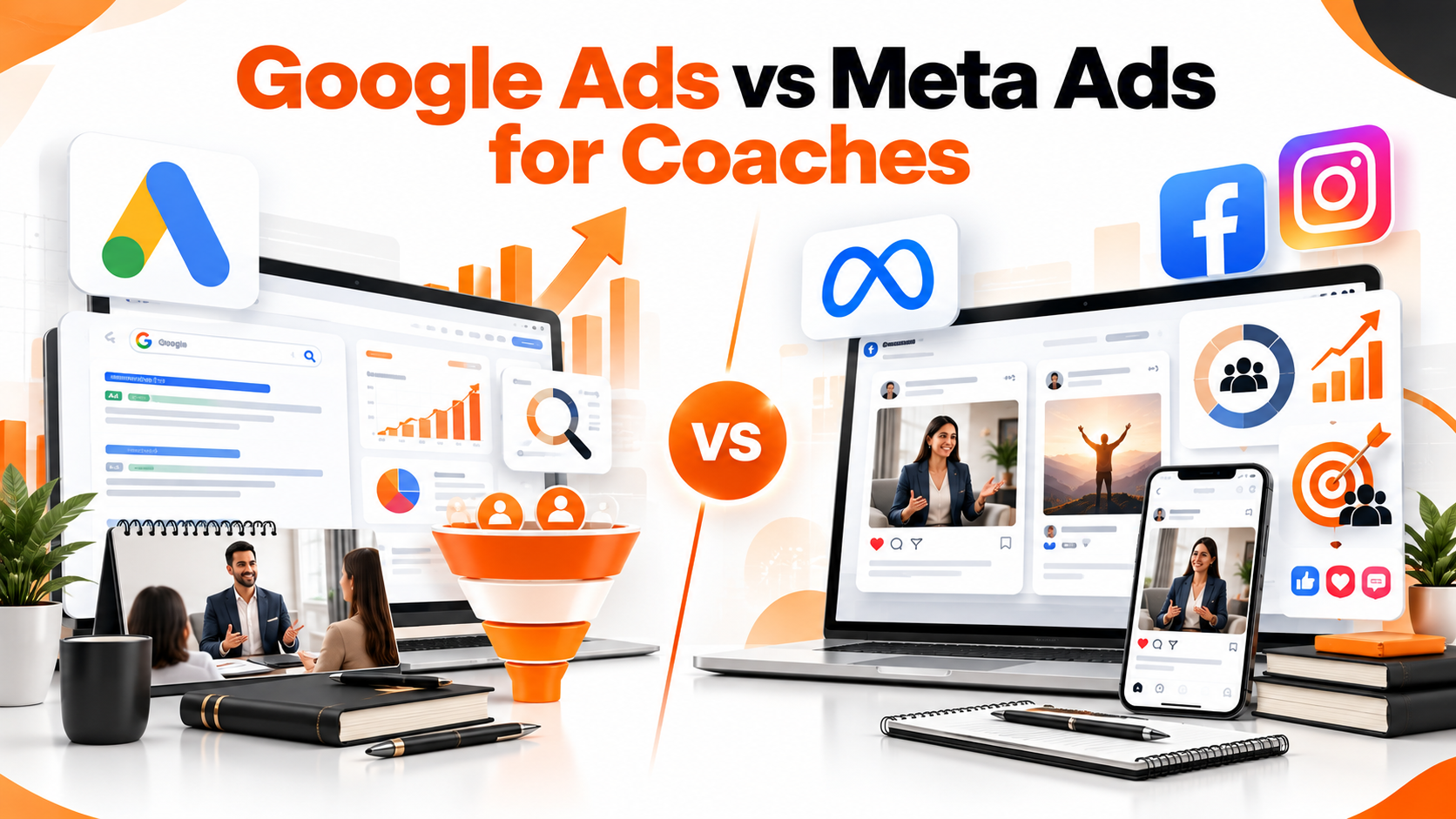 Google Ads vs Meta Ads for Coaches comparison showing lead generation and marketing performance