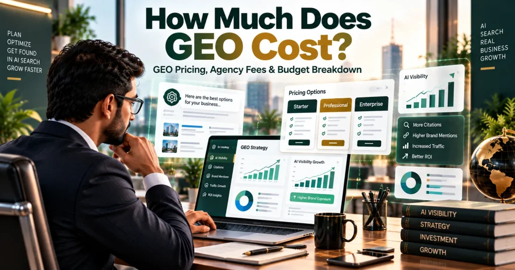 How Much Does GEO Cost pricing breakdown showing GEO agency fees, AI visibility strategy, and Generative Engine Optimization budget planning