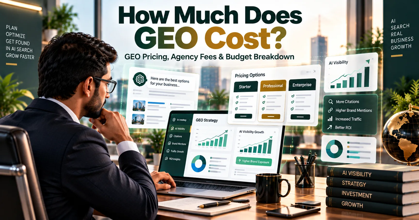 How Much Does GEO Cost pricing breakdown showing GEO agency fees, AI visibility strategy, and Generative Engine Optimization budget planning