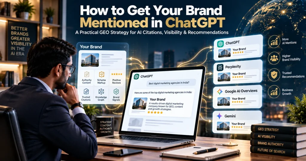 How to get your brand mentioned in ChatGPT using GEO strategies, AI citations, authority content, reviews, and schema markup.