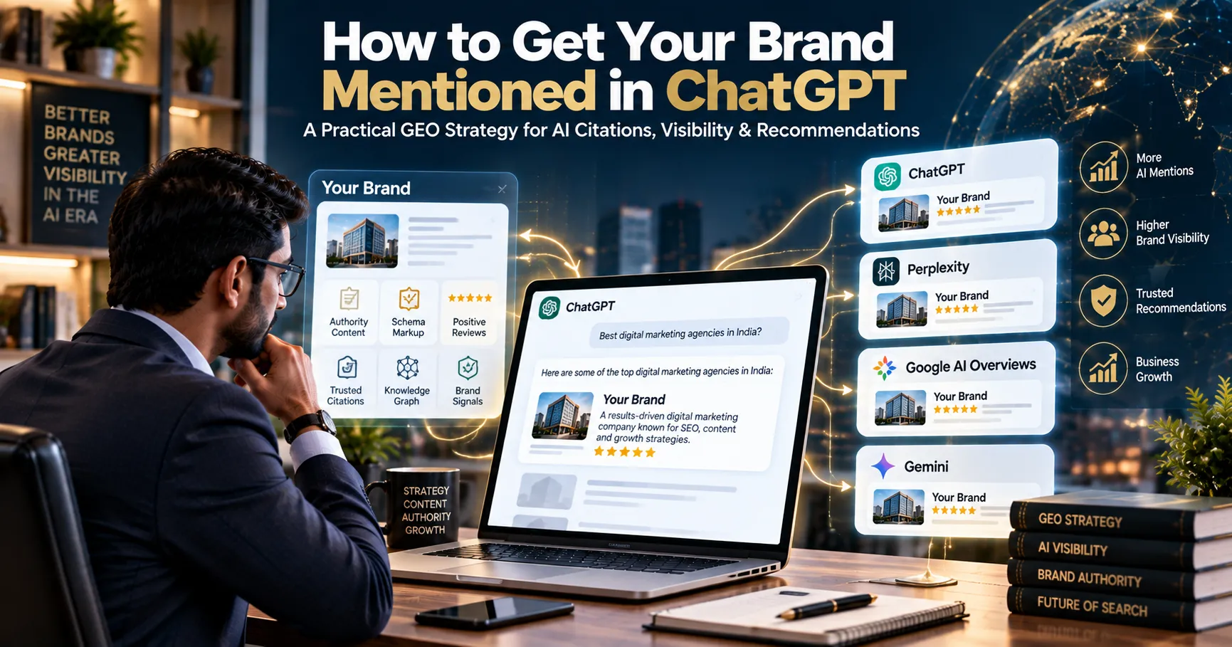 How to get your brand mentioned in ChatGPT using GEO strategies, AI citations, authority content, reviews, and schema markup.