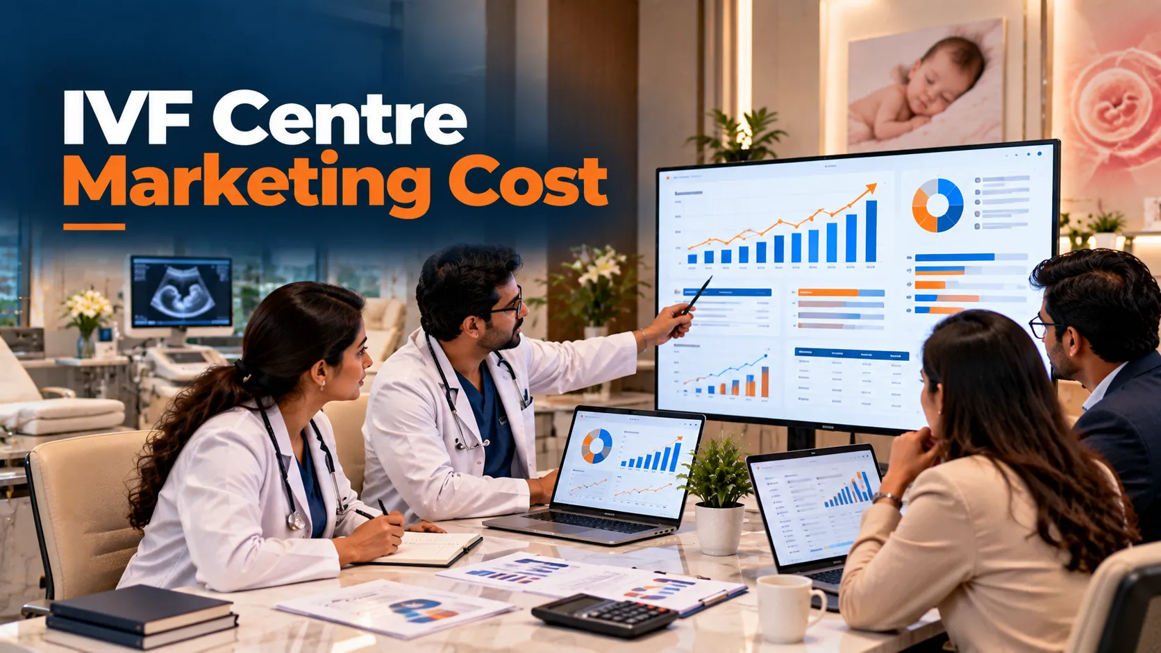 IVF centre marketing cost analysis showing SEO pricing, Google Ads budget, social media marketing investment, ROI metrics, and patient enquiry growth