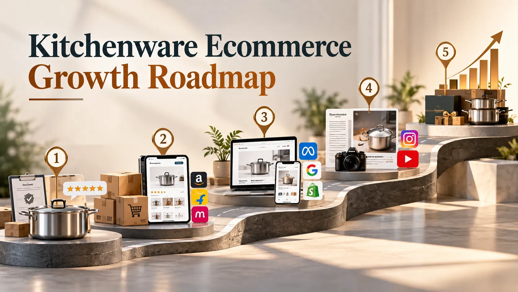 Kitchenware Ecommerce Growth Roadmap showing marketplace growth, D2C expansion, marketing stages, and online sales scaling