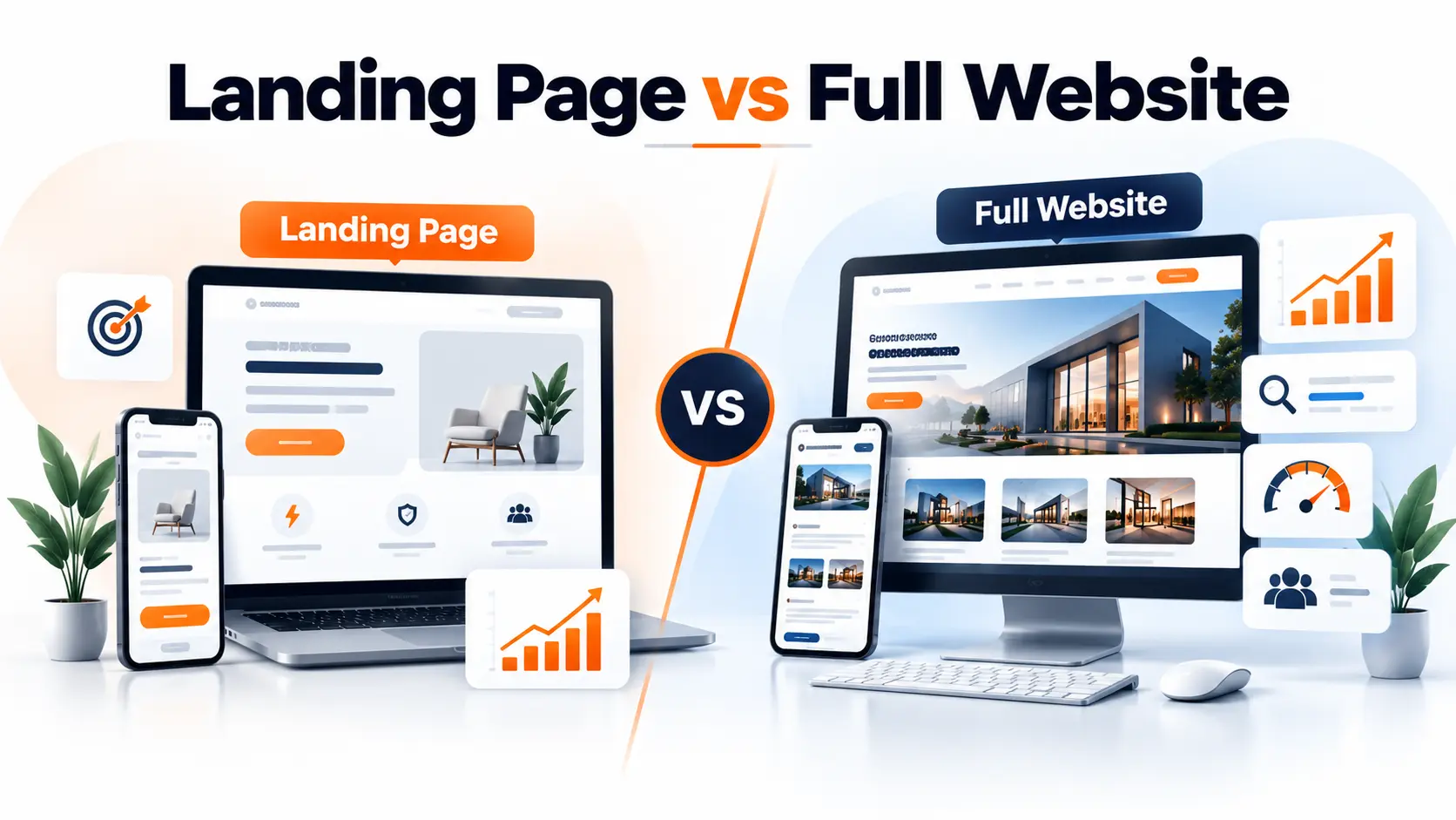 Landing Page vs Full Website comparison showing differences in SEO, lead generation, conversions, user experience, and business growth