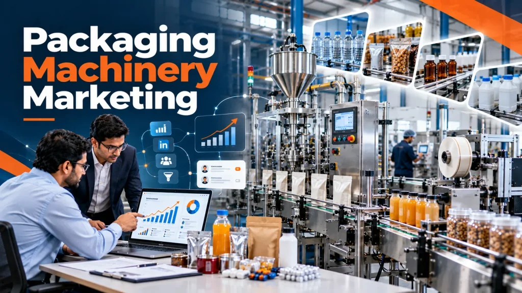Packaging Machinery Marketing strategy showing automated packaging machines, SEO, LinkedIn marketing, and B2B lead generation for manufacturers