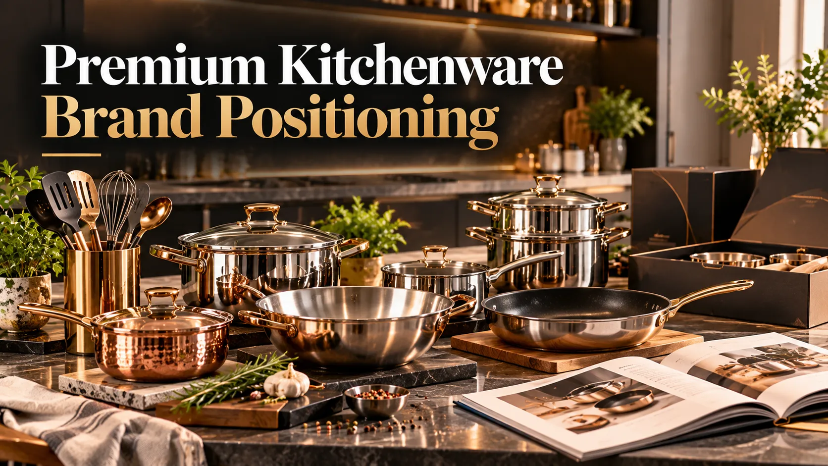 Premium Kitchenware Brand Positioning showing cookware, premium packaging, product photography, trust signals, and brand strategy