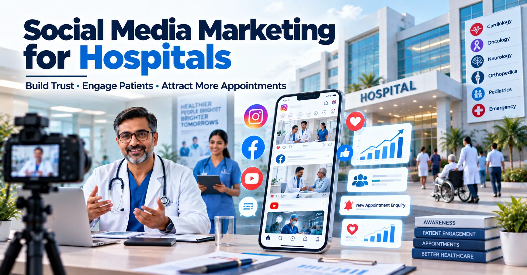 Social media marketing for hospitals using Instagram Facebook and YouTube to attract patients and build healthcare brand visibility