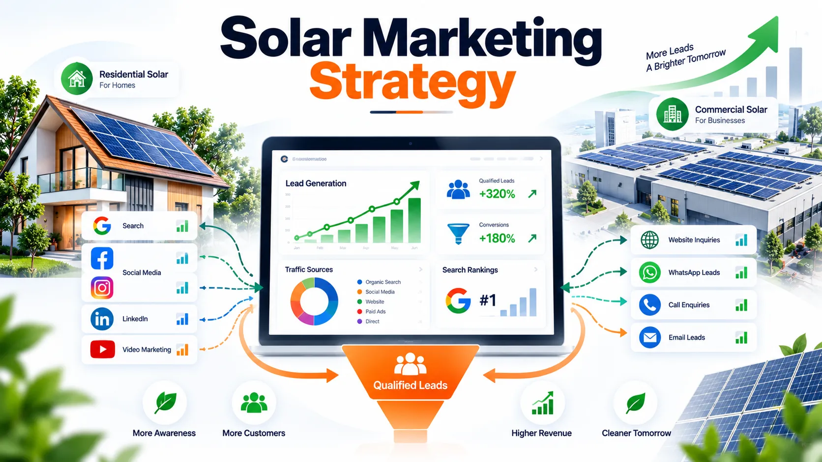 Solar marketing strategy illustration showing lead generation, digital marketing channels, and business growth for solar companies