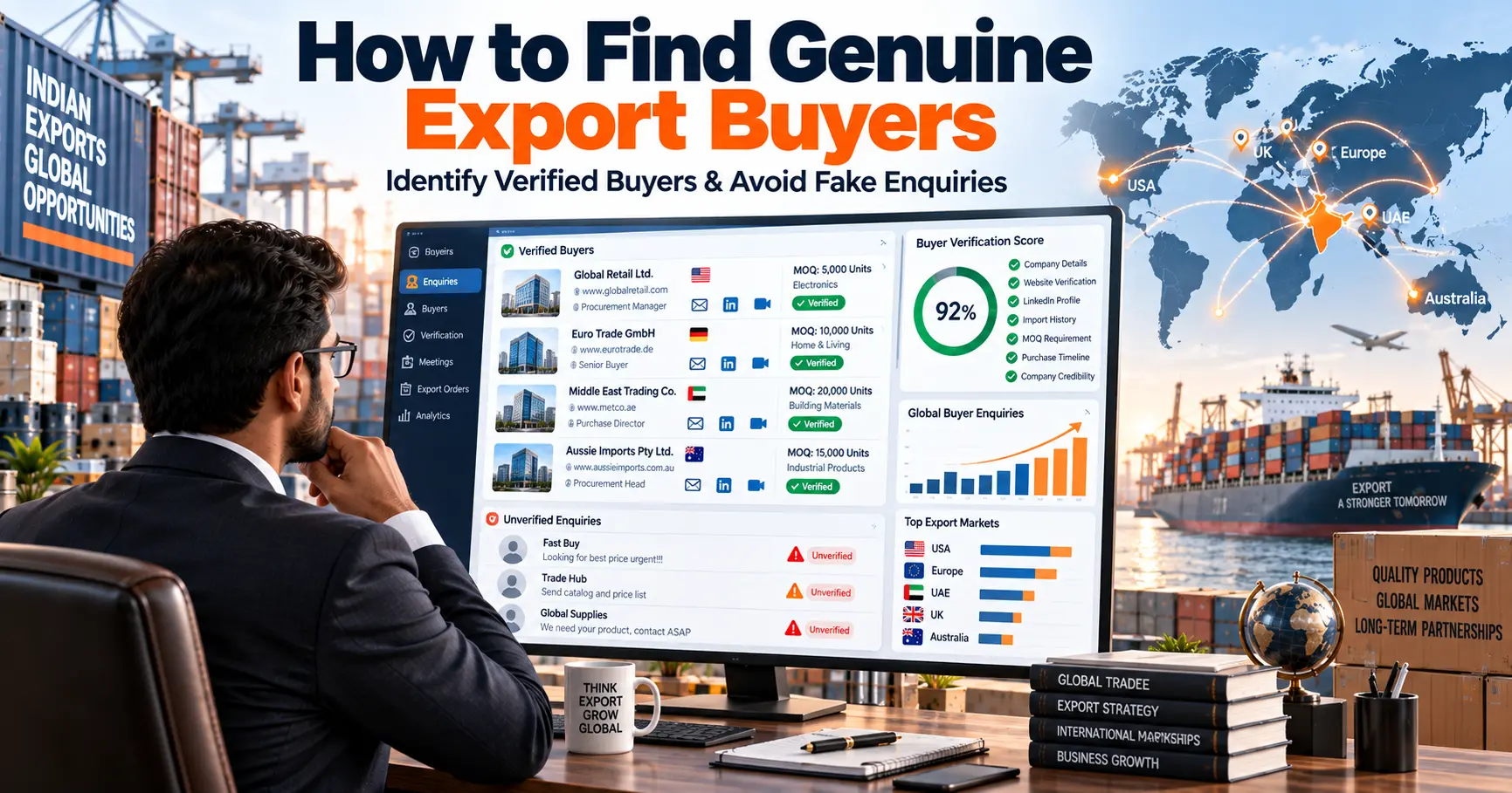 How to Find Genuine Export Buyers by verifying company details, buyer credentials, LinkedIn profiles, and international trade enquiries.