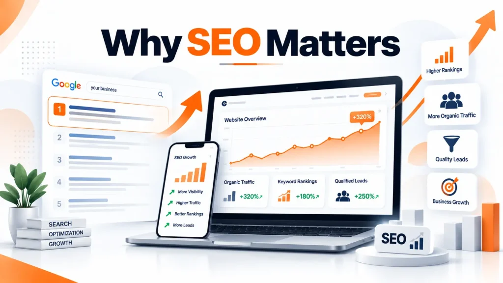 Why SEO Matters illustration showing SEO rankings, organic traffic growth, search visibility, and business growth