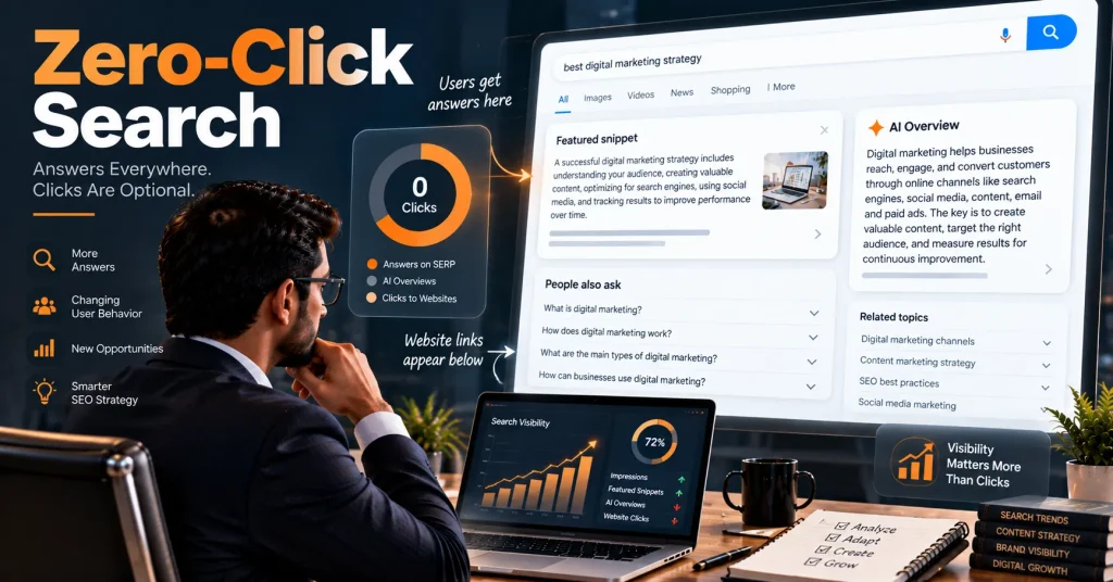 Zero-Click Search showing AI answers and featured snippets providing information directly on search results pages