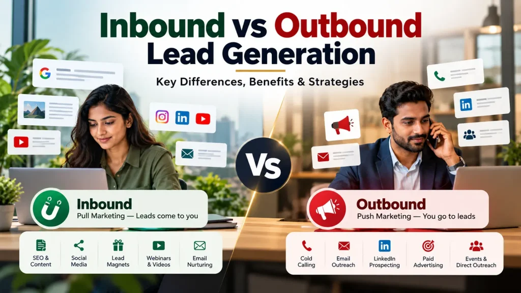 Inbound vs outbound lead generation strategies comparing inbound marketing and outbound outreach methods.