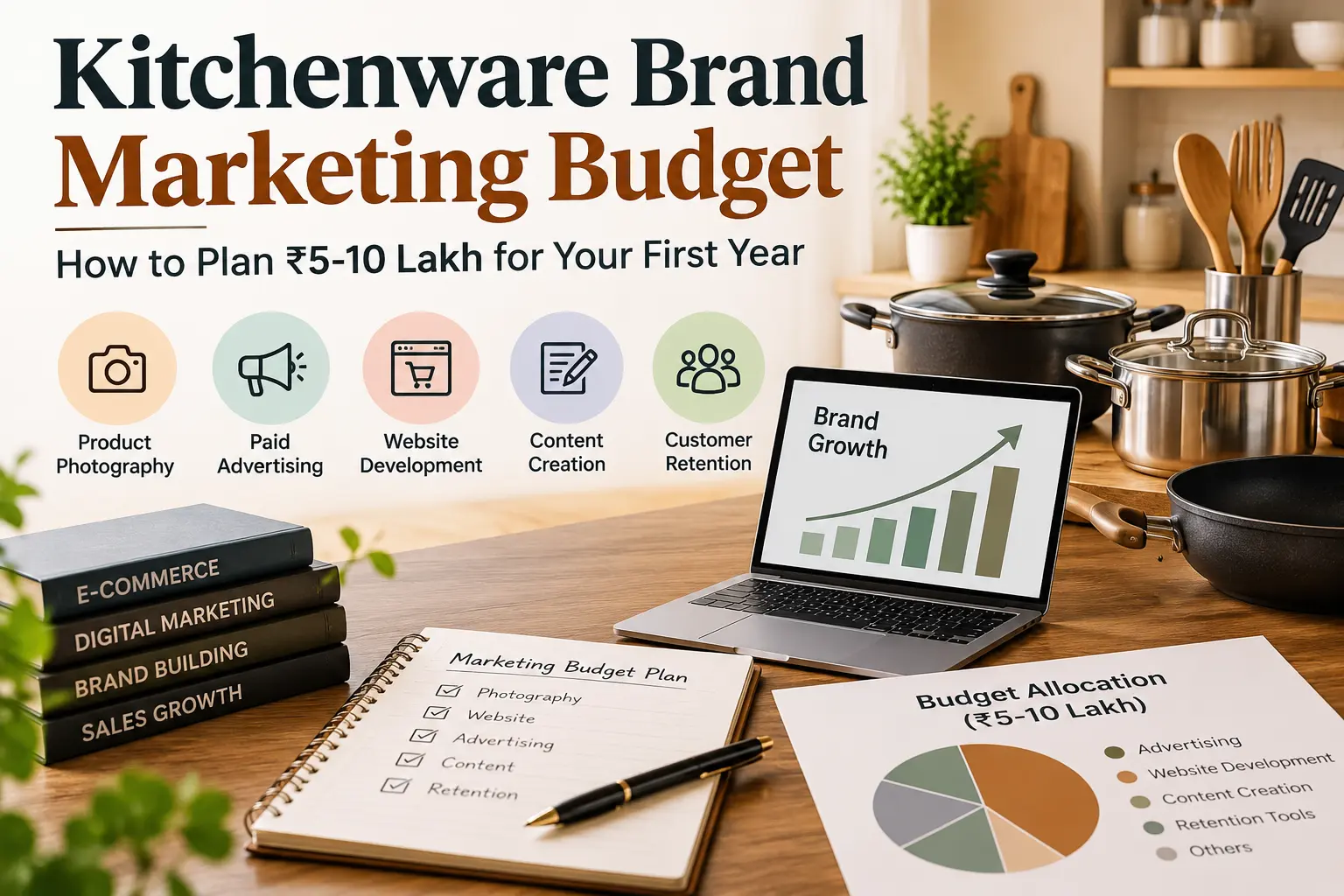 Kitchenware brand marketing budget showing first-year planning, advertising, website development, and business growth