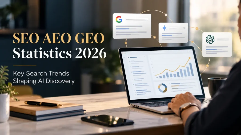 SEO AEO GEO Statistics 2026 showing search analytics and AI discovery trends