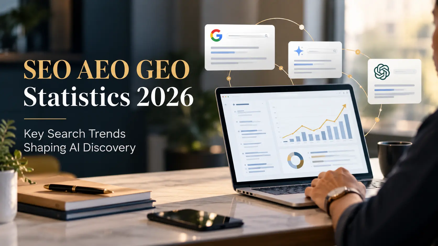 SEO AEO GEO Statistics 2026 showing search analytics and AI discovery trends